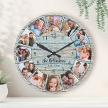 Custom Photo Collage Natural Wood Family Name Large Clock<br><div class="desc">Easily create your own personalised blue rustic driftwood planks lake house style wall clock with your custom photos,  family name and established year. For best results,  crop the images to square - with the focus point in the centre - before uploading.</div>