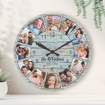 Custom Photo Collage Natural Wood Family Name Round Clock<br><div class="desc">Easily create your own personalised blue rustic driftwood planks lake house style wall clock with your custom photos,  family name and established year. For best results,  crop the images to square - with the focus point in the centre - before uploading.</div>