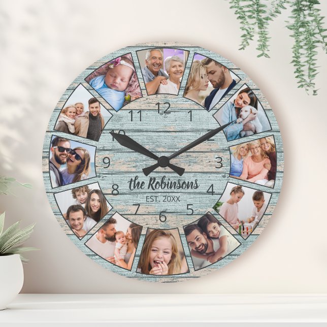 Custom Photo Collage Natural Wood Family Name Round Clock (Creator Uploaded)
