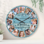 Custom Photo Collage Natural Wood Family Name Round Clock<br><div class="desc">Easily create your own personalised blue rustic driftwood planks lake house style wall clock with your custom photos,  family name and established year. For best results,  crop the images to square - with the focus point in the centre - before uploading.</div>