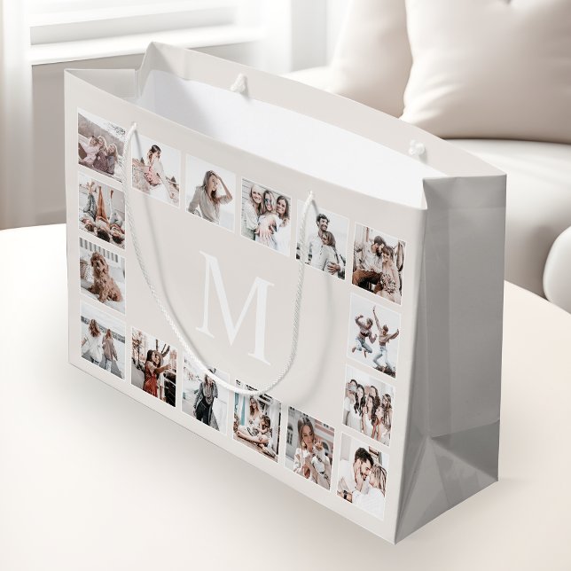 Custom Photo Collage Personalised Beige Large Gift Bag (Creator Uploaded)