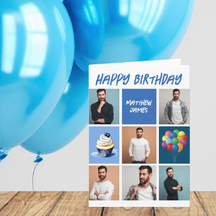 Custom Photo Collage Personalised Blue Birthday Card