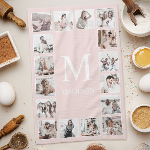 Custom Photo Collage Personalised Blush Pink Tea Towel