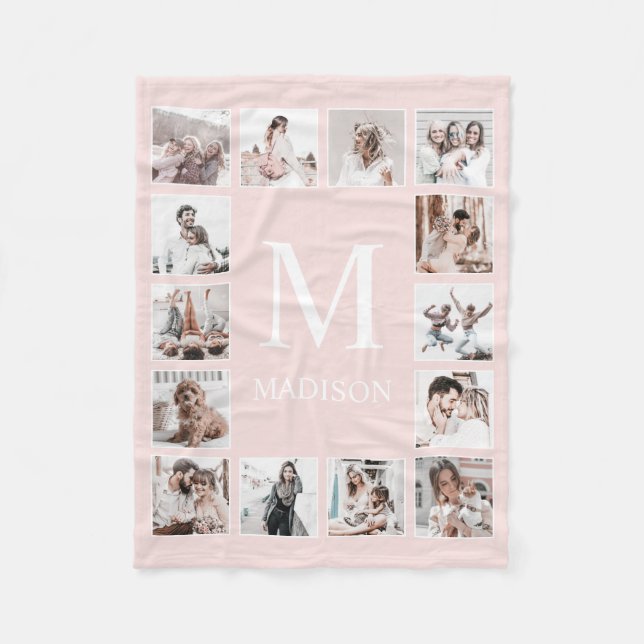 Custom Photo Collage Personalised Pink Fleece Blanket (Front)