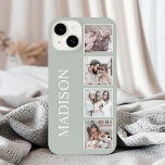 Custom Photo Collage Personalised Sage Green iPhone 14 Case<br><div class="desc">Customise your phone with our sage green case,  featuring a personalised name and monogram,  along with up to 4 of your favourite photos. Create a unique and stylish accessory that reflects your personality and style. Our high-quality cases offer durable protection for your device while showcasing your personal touch.</div>