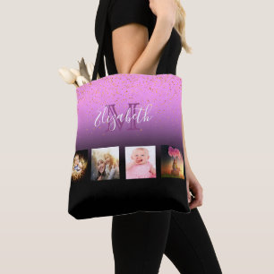 Custom photo collage purple black ombre monogram tote bag