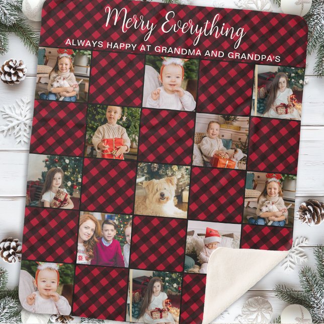 Custom Photo Collage Red Buffalo Plaid Holiday Sherpa Blanket (Creator Uploaded)