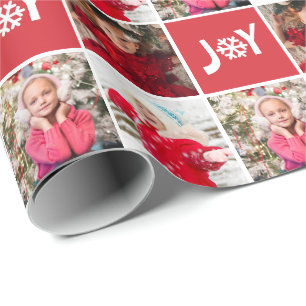Custom Photo Collage Red Joy Christmas  Wrapping Paper