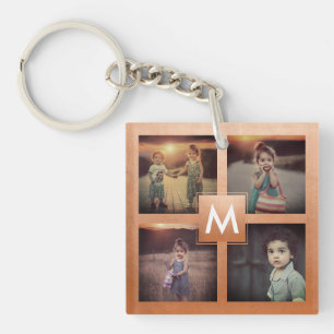 Custom Photo Collage Rose Gold Monogram 4 Images Key Ring