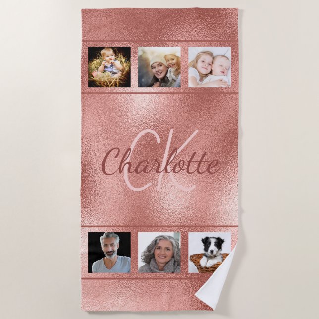 Custom photo collage rose gold monogram script beach towel (Front)