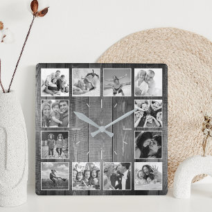 Custom Photo Collage Rustic Farmhouse Black White Square Wall Clock