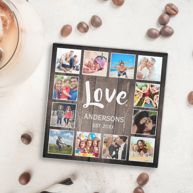 Custom Photo Collage Rustic Farmhouse Love Family Glass Coaster (Creator Uploaded)