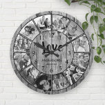 Custom Photo Collage Rustic Farmhouse Love Family Round Clock<br><div class="desc">Create your own personalised 12 photo Instagram photo collage wall clock with your custom images on a rustic farmhouse style wooden plank background. The clock face also features your family name, established year and a "Love" handwritten script. Add your favourite photos, designs or artworks to create something really unique. You...</div>