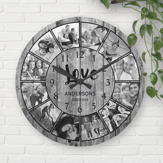 Custom Photo Collage Rustic Farmhouse Love Family Round Clock (Creator Uploaded)