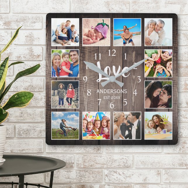 Custom Photo Collage Rustic Farmhouse Love Family Square Wall Clock (Creator Uploaded)