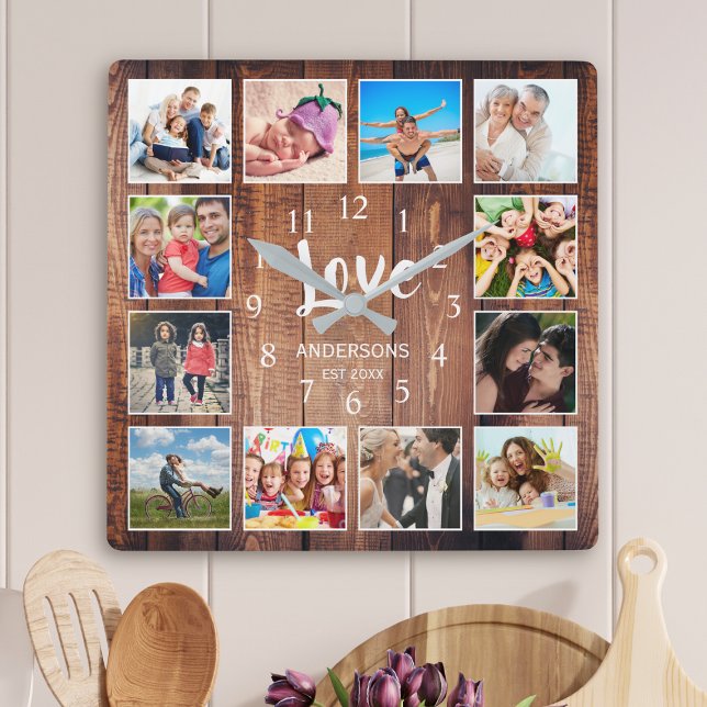 Custom Photo Collage Rustic Farmhouse Love Family Square Wall Clock (Creator Uploaded)