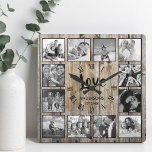 Custom Photo Collage Rustic Farmhouse Love Family Square Wall Clock<br><div class="desc">Create your own personalised 12 photo collage, roman number wall clock with your custom images on a rustic farmhouse style wooden plank background. The clock face also features your family name, established year and a "Love" handwritten script. Add your favourite photos, designs or artworks to create something really unique. To...</div>
