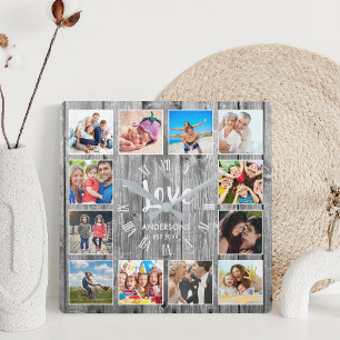 Custom Photo Collage Rustic Farmhouse Love Family Square Wall Clock