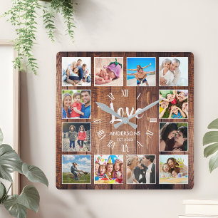 Custom Photo Collage Rustic Farmhouse Love Family Square Wall Clock