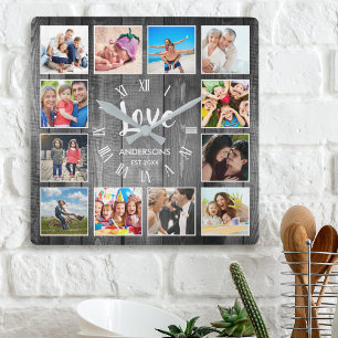 Custom Photo Collage Rustic Farmhouse Love Family Square Wall Clock