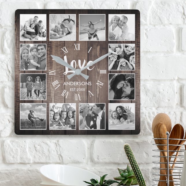 Custom Photo Collage Rustic Farmhouse Love Family Square Wall Clock (Creator Uploaded)