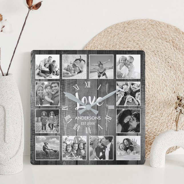 Custom Photo Collage Rustic Farmhouse Love Family Square Wall Clock (Creator Uploaded)