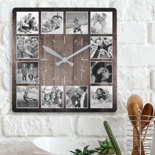 Custom Photo Collage Rustic Farmhouse Script Square Wall Clock
