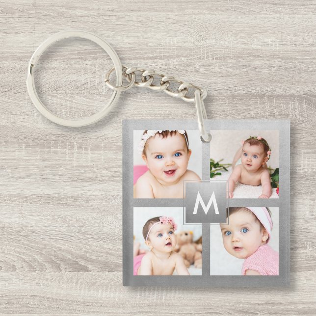 Custom Photo Collage Silver Monogram Baby Family Key Ring (Creator Uploaded)