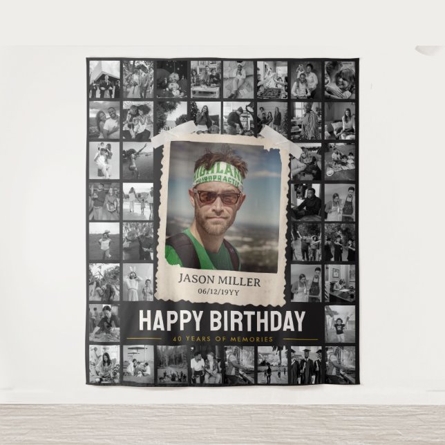 Custom Photo Collage Tapestry, Fun Retro Birthday  Tapestry (Front)