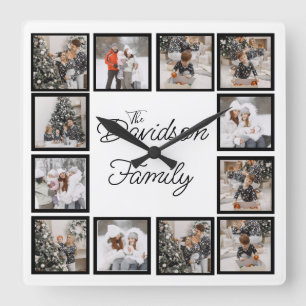 Custom Photo Collage with Family Name Square Wall Clock
