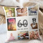 Custom photo collage woman white 60th birthday cushion<br><div class="desc">A unique gift for a womans 60th birthday, celebrating her life with a collage of 8 of your own photos, pictures. Personalize and add her name, age 60 and a date. A chic white background. Gray and black letters and numbers. The name is written with a modern hand lettered style...</div>