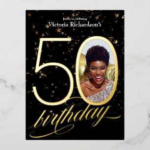 Custom Photo Confetti Black Gold 50th Birthday Foil Invitation Postcard