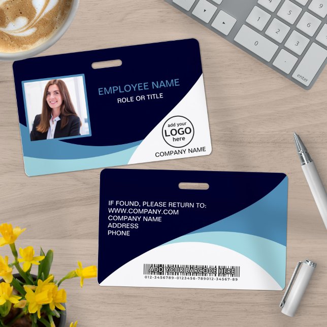 Custom Photo Corporate Employee Name Barcode Blue ID Badge (Creator Uploaded)