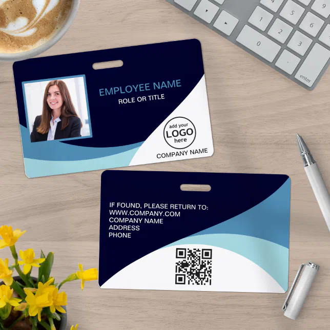 Custom Photo Corporate Employee Name Blue QR Code ID Badge | Zazzle