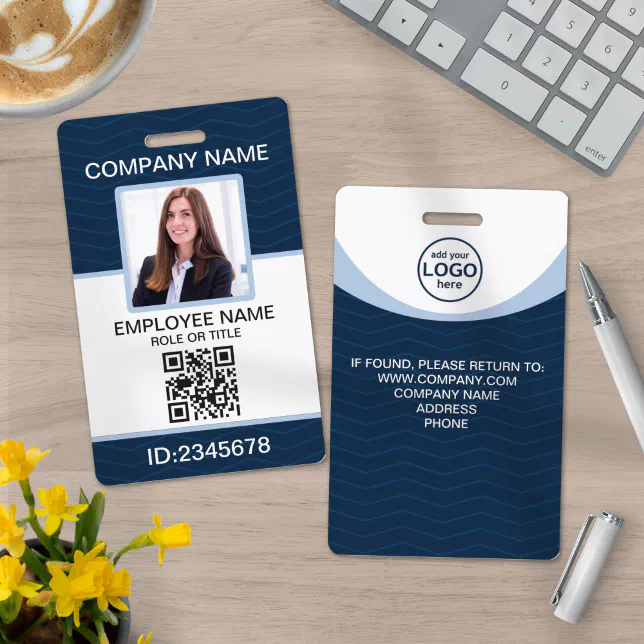 Custom Photo Corporate Employee QR Code Blue ID Badge | Zazzle