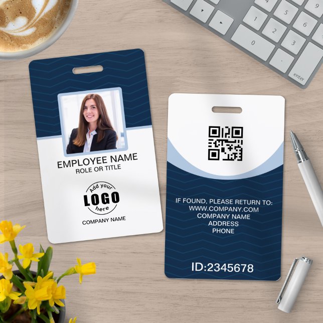 Custom Photo Corporate Employee QR Code Blue ID Badge (Creator Uploaded)