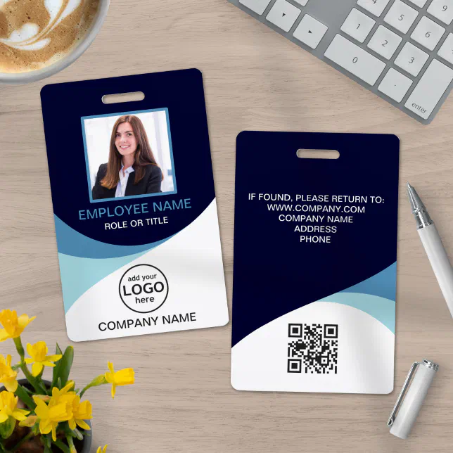 Custom Photo Corporate Employee QR Code Blue ID Badge | Zazzle
