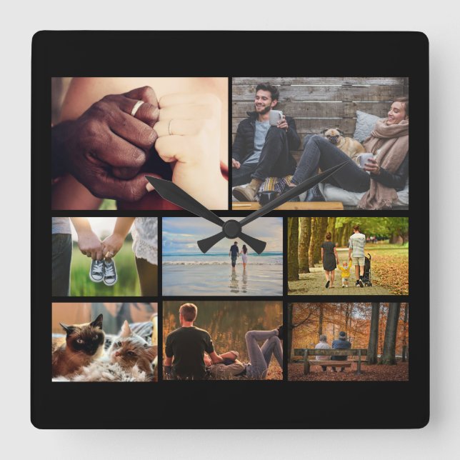 Custom photo couples collage | 8 black square wall clock (Front)
