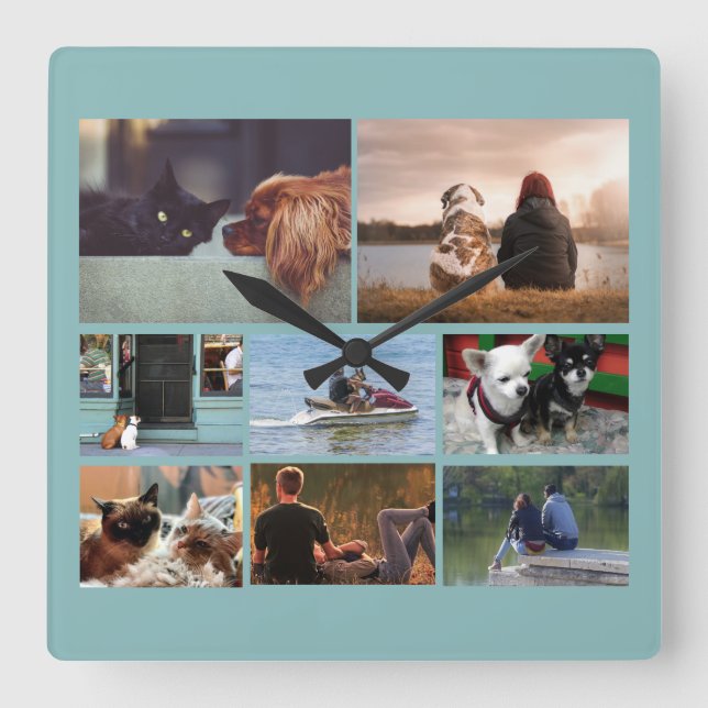 Custom photo couples collage | 8 tan blue square wall clock (Front)