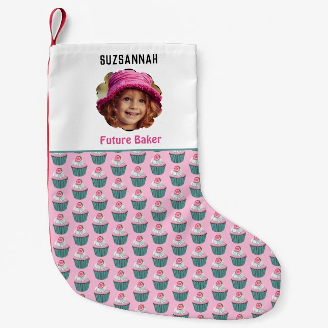 Custom Photo Cupcakes Scalloped Template Name Small Christmas Stocking (Front)
