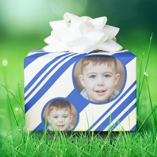 Custom Photo Custom Logo Blue and White Stripes Wrapping Paper (Creator Uploaded)