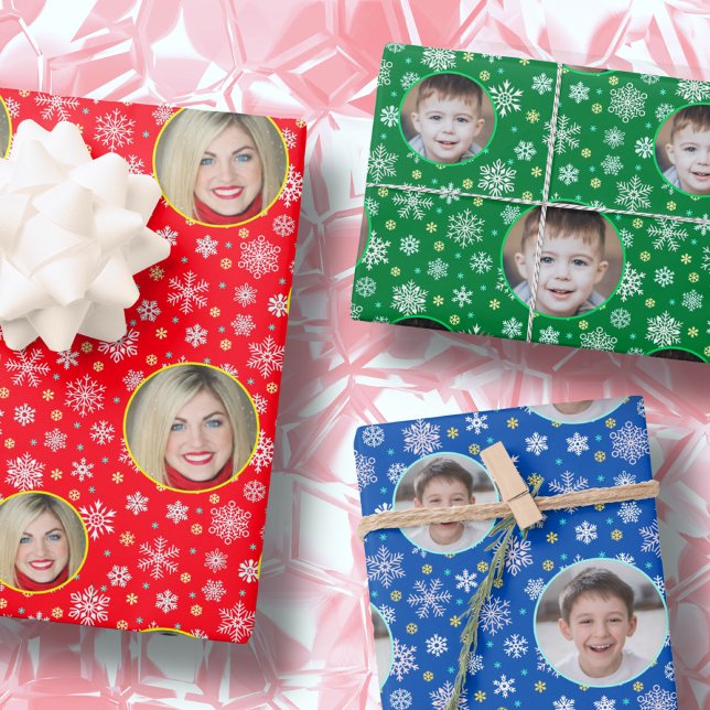Custom Photo Custom Logo Snowflakes Red Blue Green Wrapping Paper Sheet (Creator Uploaded)