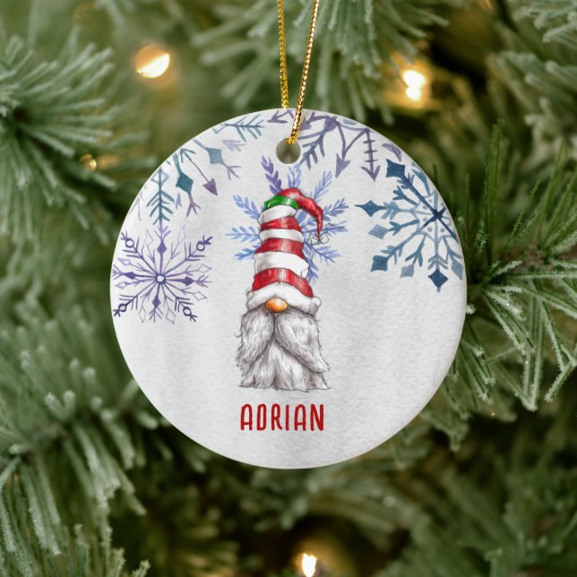 Custom Photo Cute Christmas Gnome Personalised Ceramic Ornament (Tree)