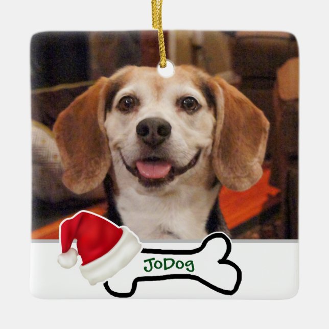 Custom Photo Cute Dog Bone with Santa Hat Ceramic Ornament (Front)