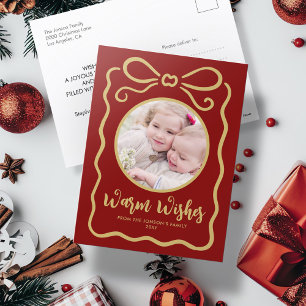 Custom Photo Cute Hand Drawn Gold Ribbon Red Holiday Postcard