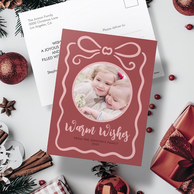 Custom Photo Cute Hand Drawn Pink Ribbon Red Warm Holiday Postcard (Creator Uploaded)