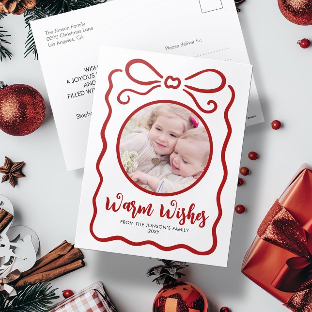 Custom Photo Cute Hand Drawn Red Ribbon White Holiday Postcard (Creator Uploaded)