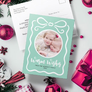 Custom Photo Cute Hand Drawn White Ribbon Mint Holiday Postcard