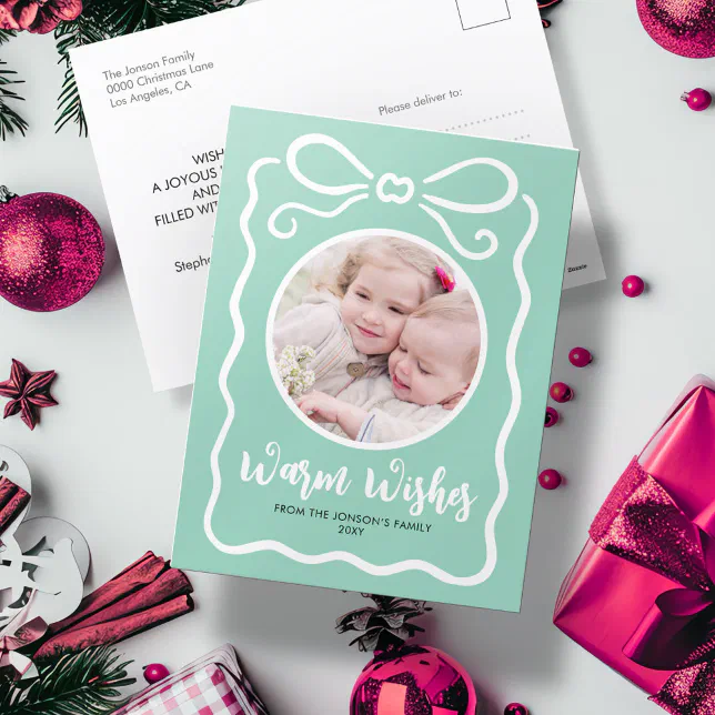 Postcard Ribbon Custom Photo Cute Hand Drawn White Ribbon Mint Holiday Postcard | Zazzle