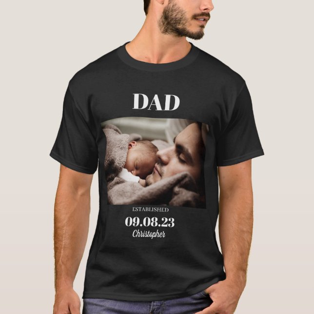 Custom Photo Dad Established Child Birth Date Name T-Shirt (Front)